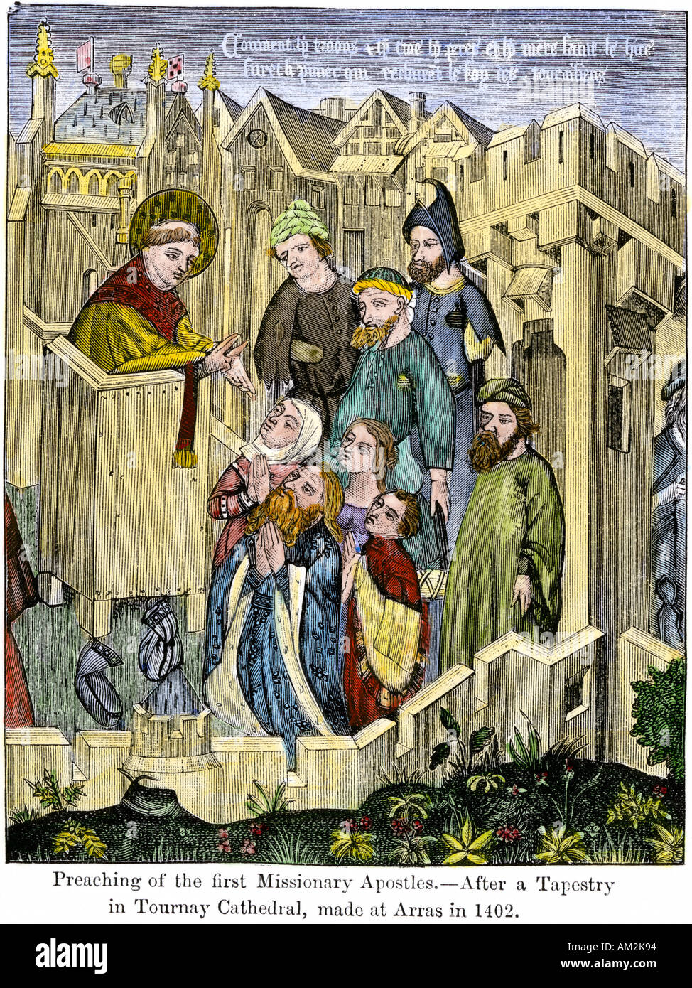 La predicazione dei primi apostoli missionari come raffigurato in un arazzo 1402. Colorate a mano la xilografia Foto Stock