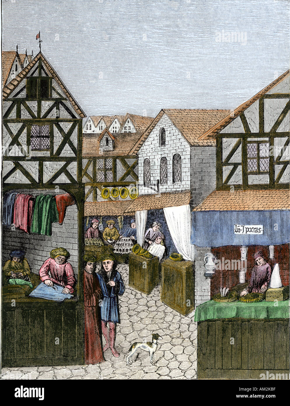 Negozi in un medievale speziale street che mostra un barbiere pellicciaio e adattare la Francia 1400s. Colorate a mano la xilografia Foto Stock