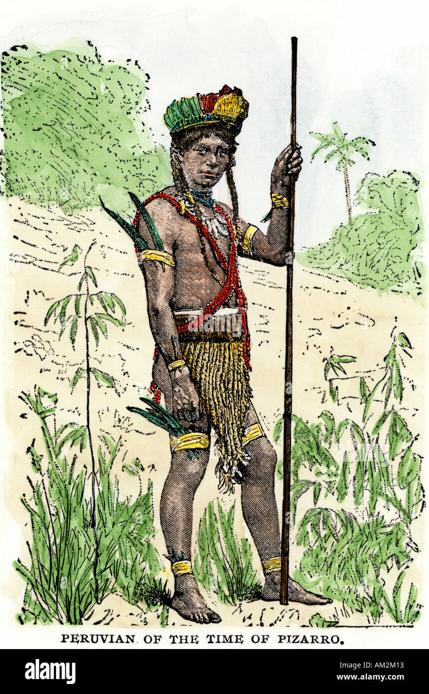 Inca uomo al momento della conquista spagnola del Perù 1500s. Colorate a mano la xilografia Foto Stock