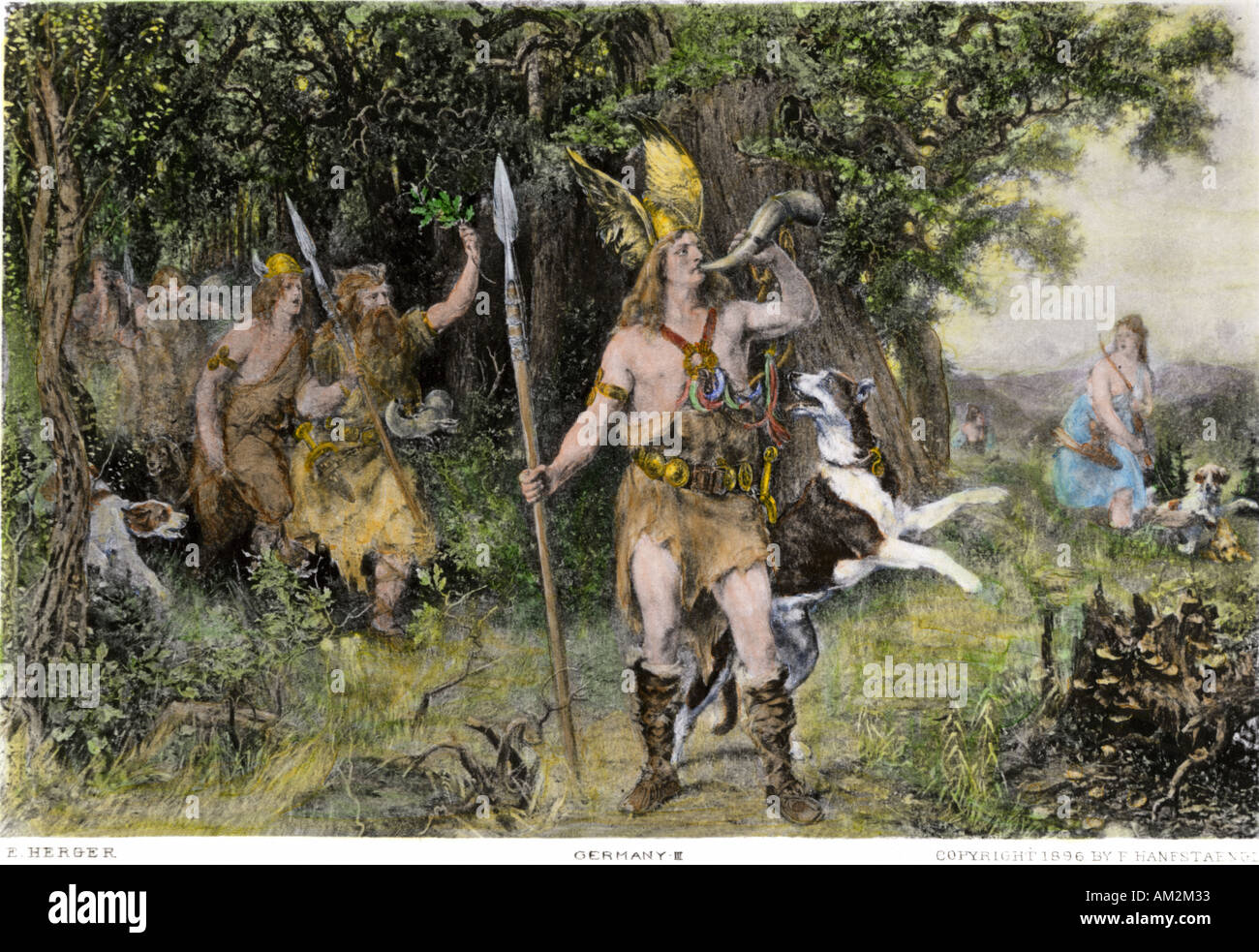Germanico leader tribali Hermann soffiando il suo corno per chiamare i Cherusci ai bracci contro i Romani. Colorate a mano fotoincisione di illustrazione. Foto Stock