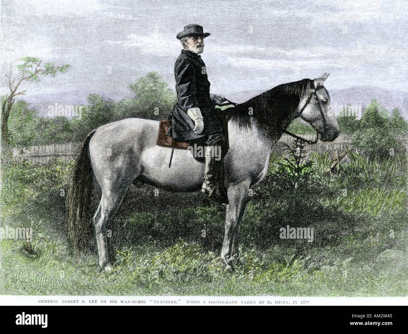 Generale confederato Robert e Lee su il suo preferito war horse Traveler. Colorate a mano la xilografia di una fotografia da M. Miley Foto Stock