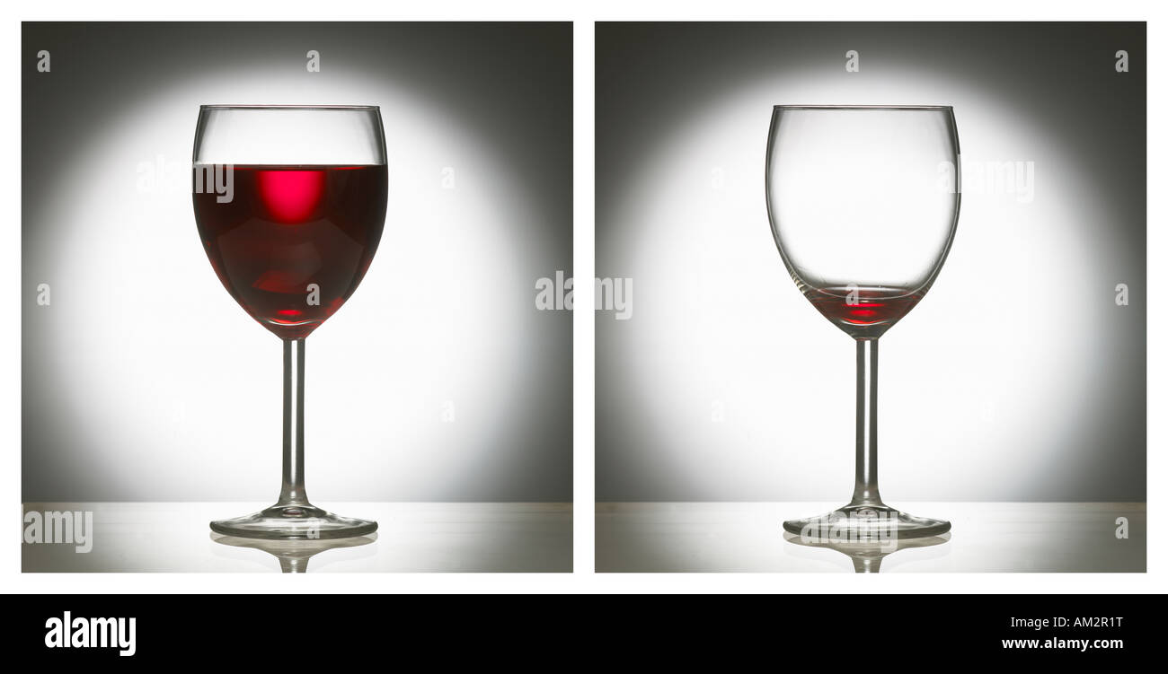 Due foto sequenza di pieni e vuoti che un bicchiere di vino rosso Foto Stock