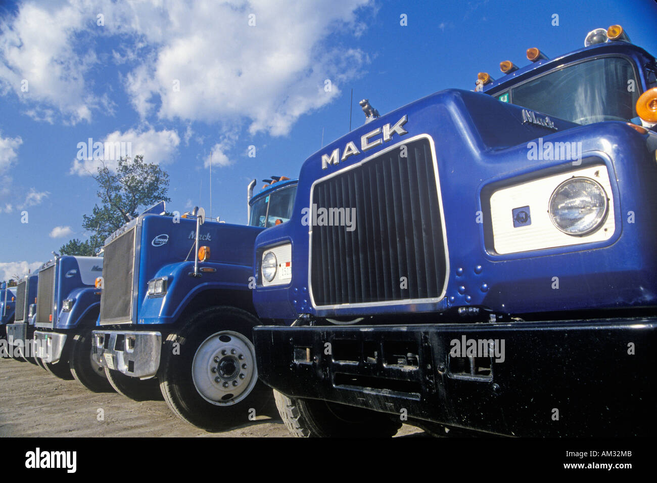 Una linea di Mack Trucks Foto Stock