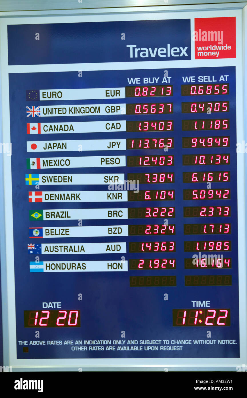 Foreign Exchange board presso un aeroporto internazionale negli Stati Uniti Foto Stock