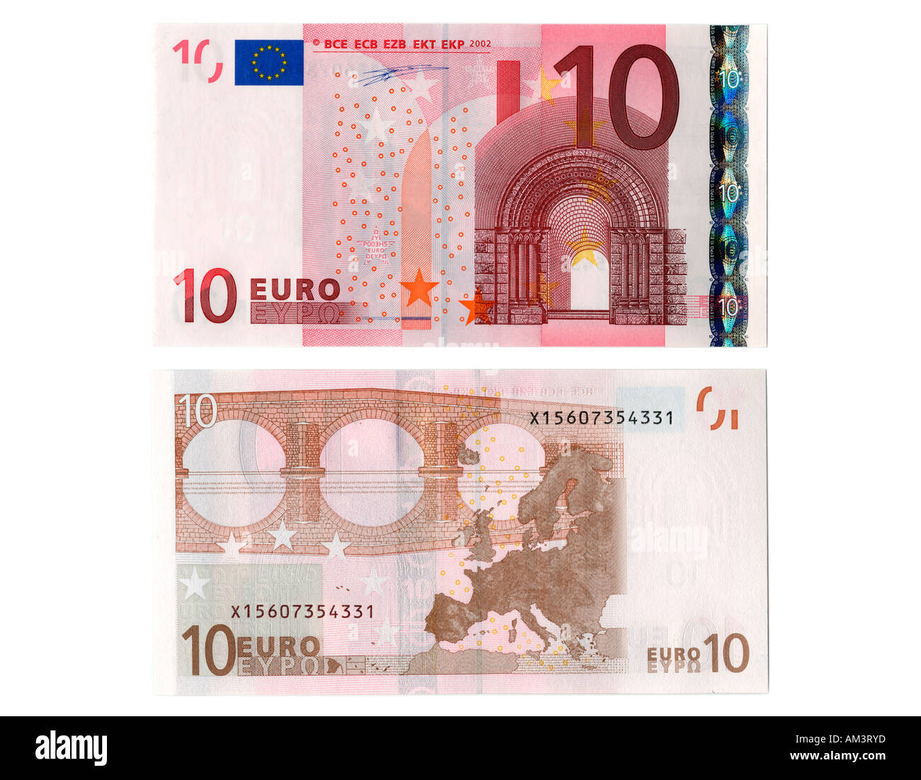 Lato anteriore e posteriore delle dieci banconota in Euro Foto Stock