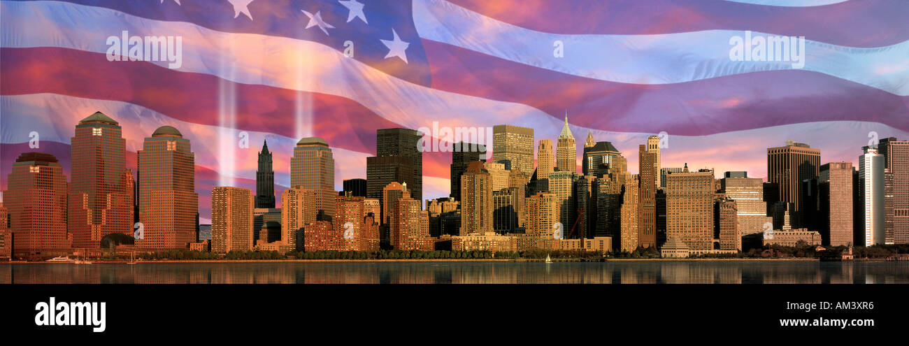 Composito Digitale skyline di Manhattan World Trade Center Light Memorial bandiera americana Foto Stock