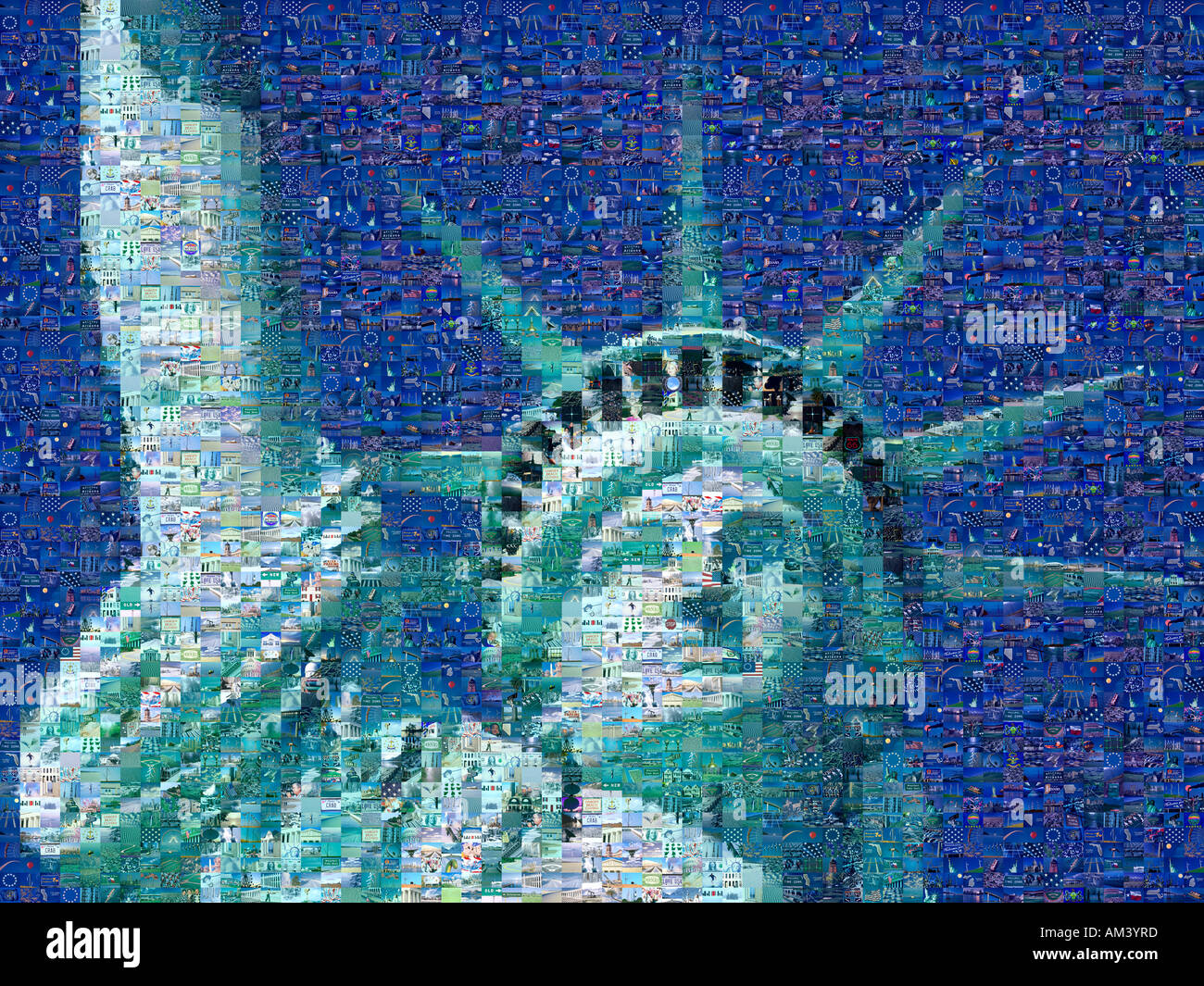 Mosaico digitale di immagini di piccole dimensioni comprendente la Statua della Libertà Foto Stock