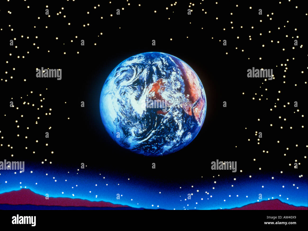 La Terra come vista dalla Luna contro uno sfondo stellato Foto Stock