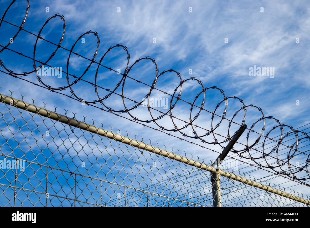 Maglia di catena di recinzione di sicurezza con filo spinato filo di rasoio. Foto Stock