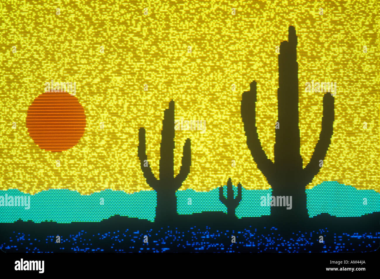 Inizio alla computer grafica di scena nel deserto con cactus e sun Foto Stock