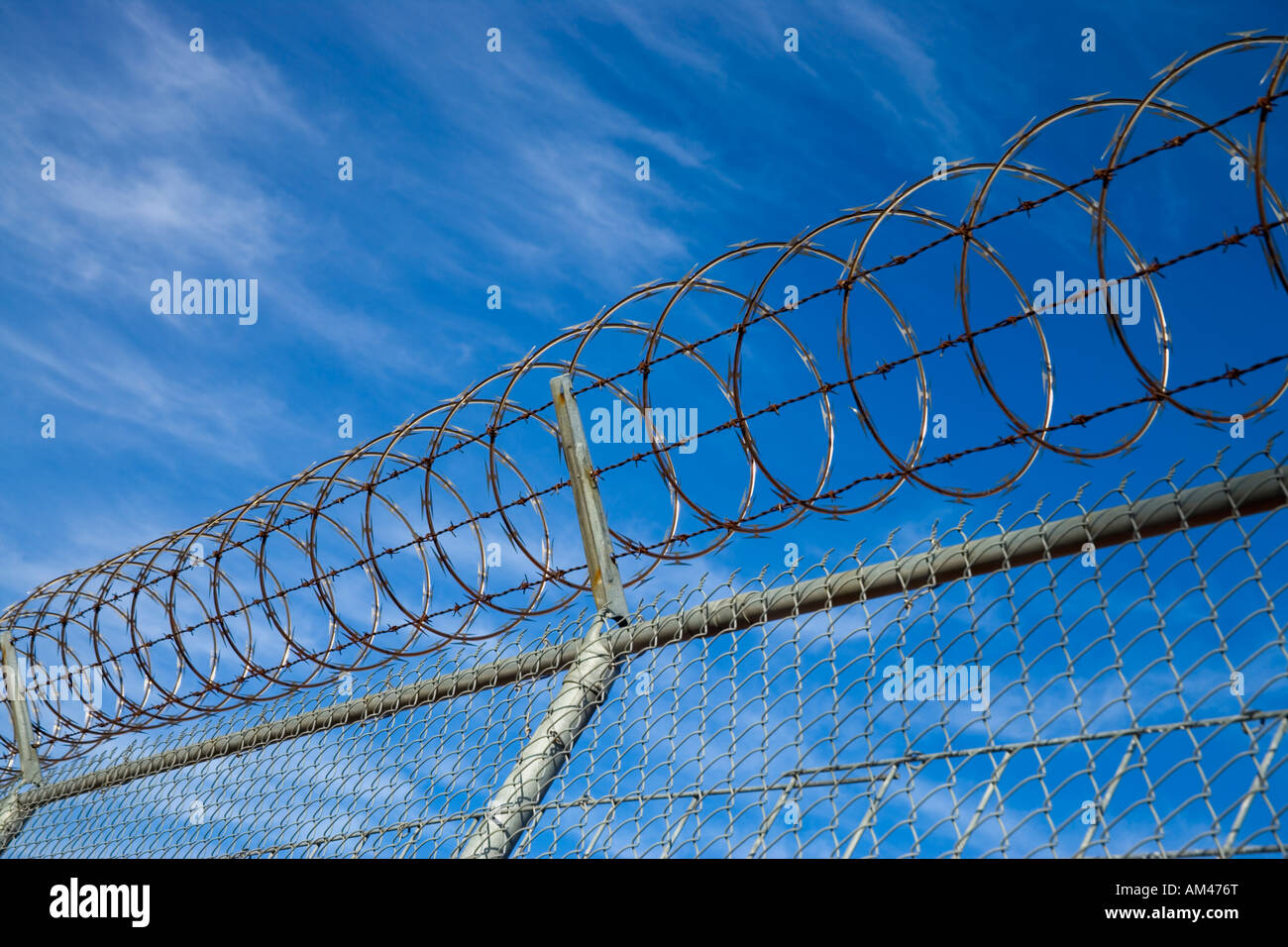 Maglia di catena di recinzione di sicurezza con filo spinato filo di rasoio. Foto Stock
