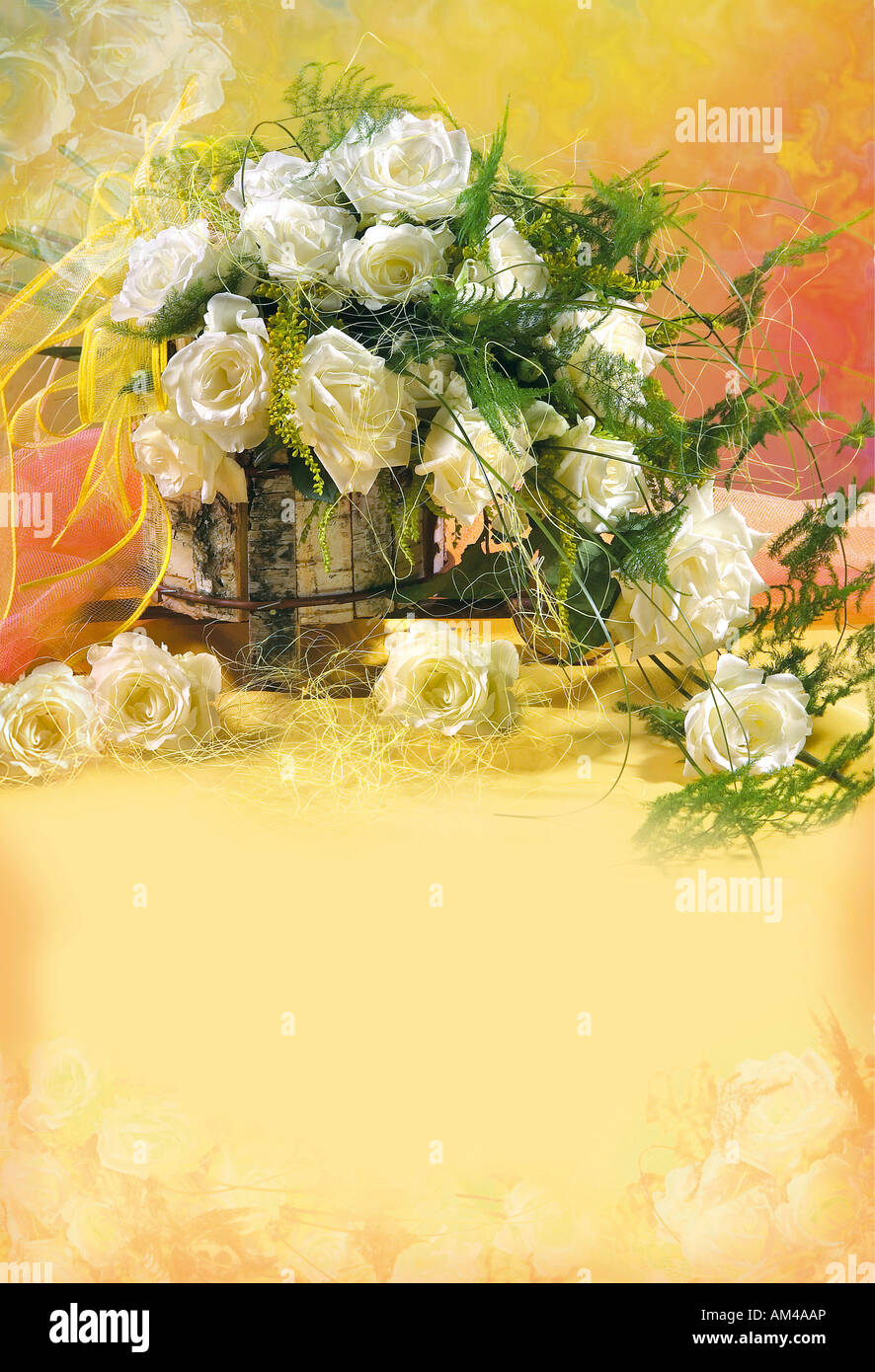 Studio disposti verticali colorati mazzo bouquet di rose bianche in un cesto su uno sfondo color pastello Foto Stock