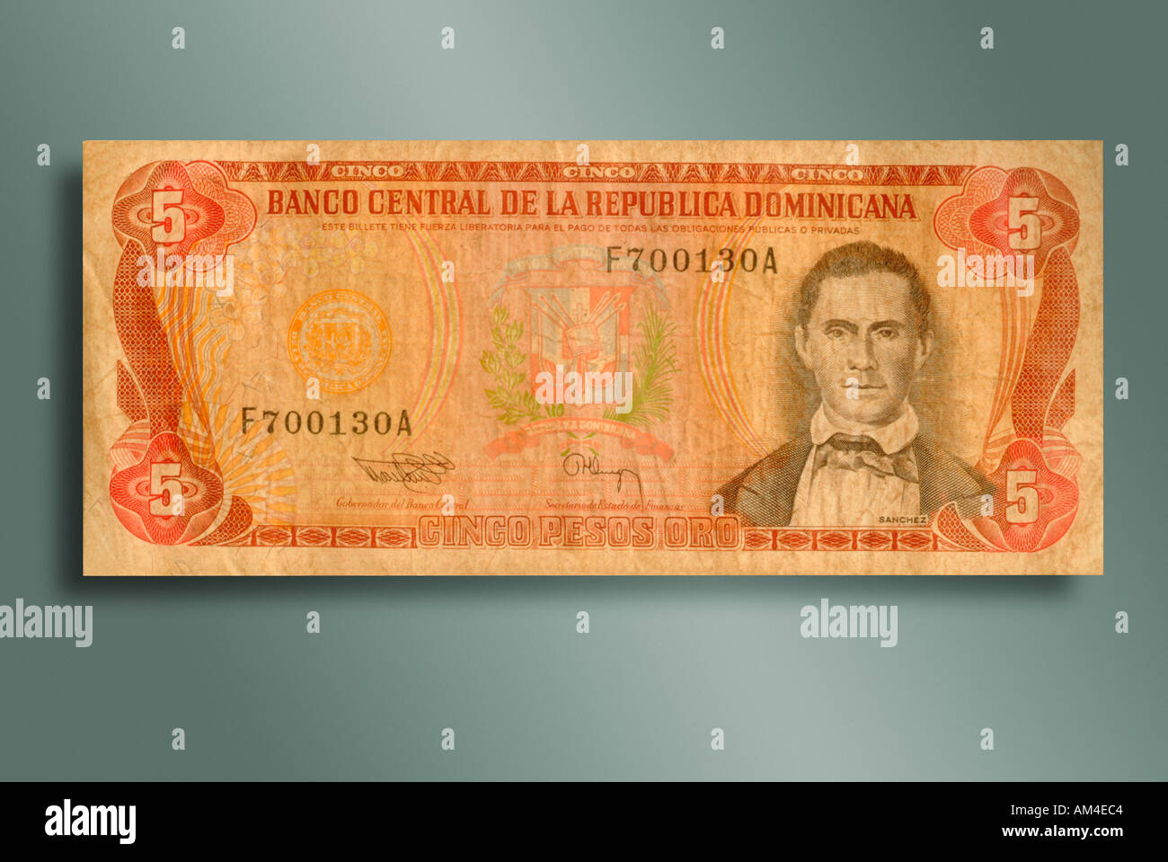 5 pesos bill dalla Repubblica Dominicana Foto Stock