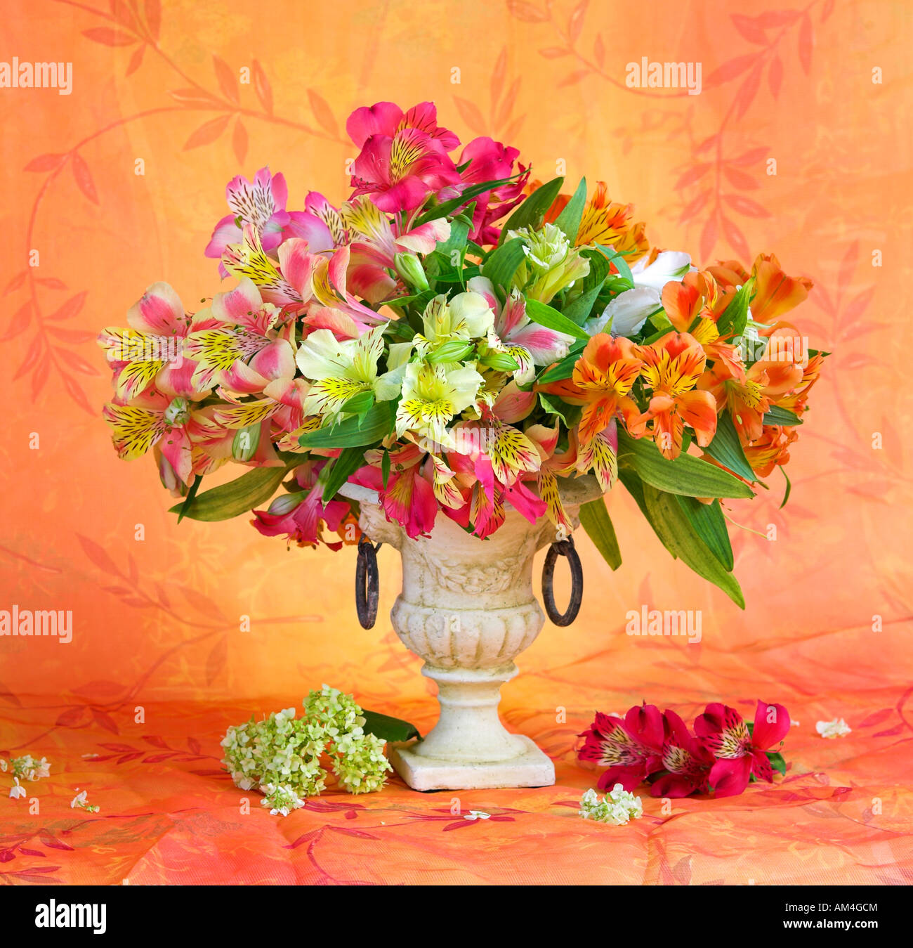 Mazzetto colorato bouquet di bianco giallo e rosa fresia fiori in un vaso  su un morbido sfondo pastello Foto stock - Alamy