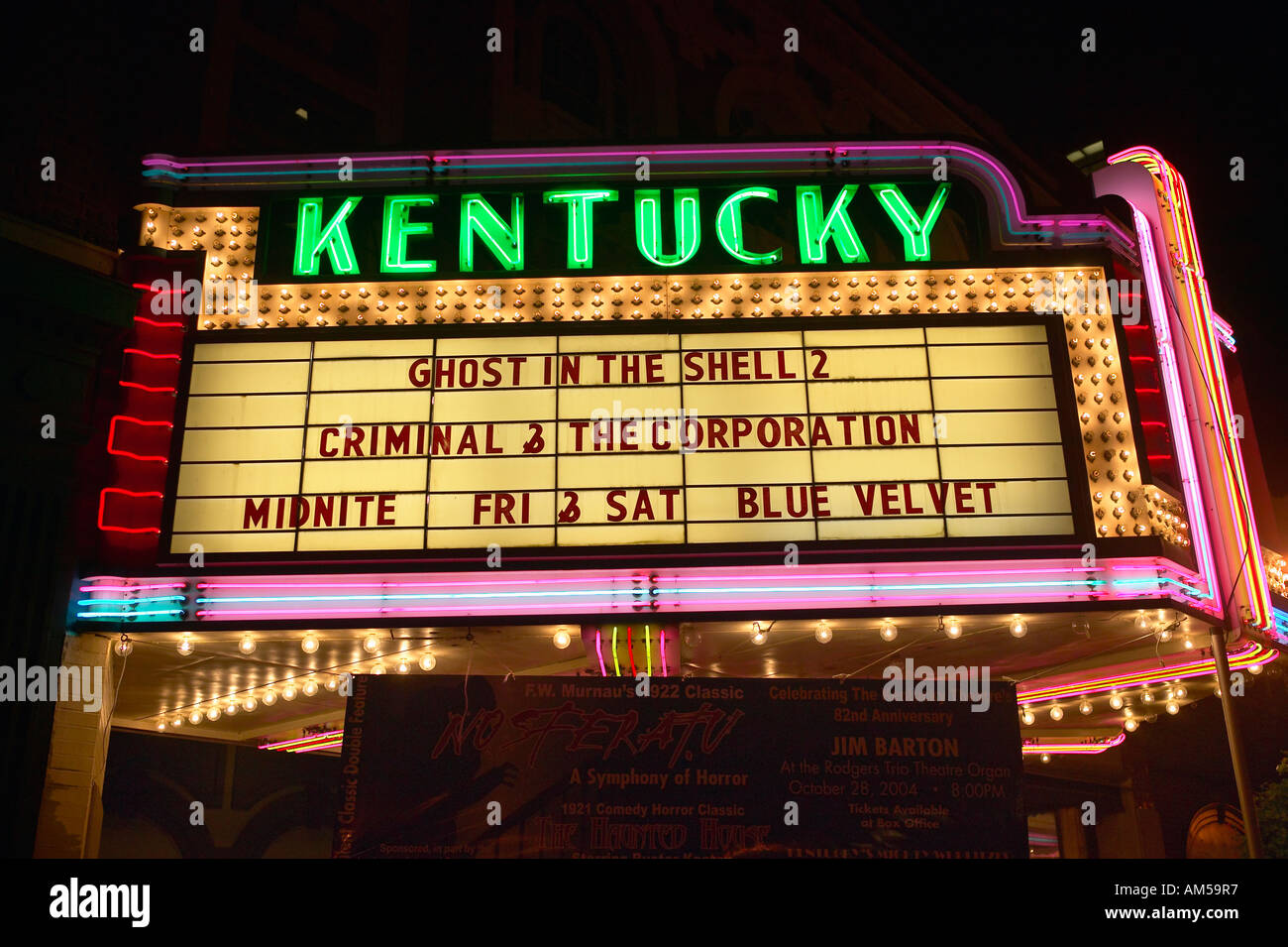 Lexington Kentucky neon marquee segno per movie theater dicendo Kentucky Foto Stock