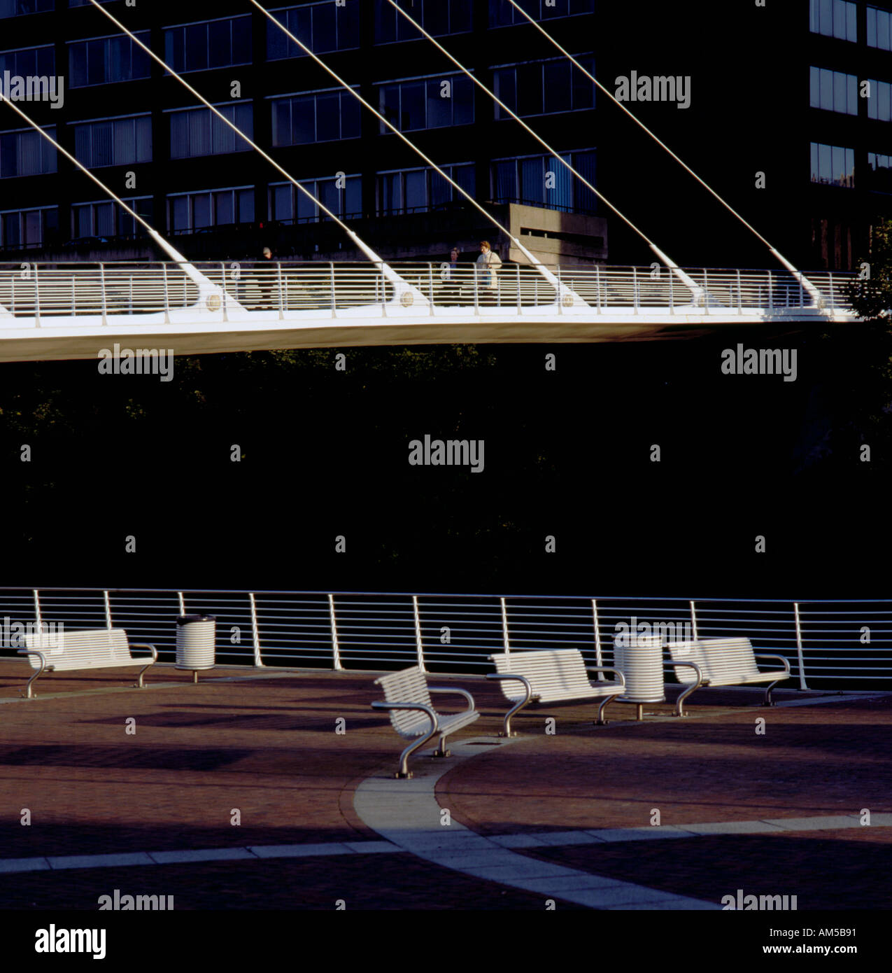 Dettaglio del cavo alloggiato ponte della Trinità Bridge (Santiago Calatrava 1996) oltre il fiume Irwell, Central Manchester, Inghilterra, Regno Unito. Foto Stock