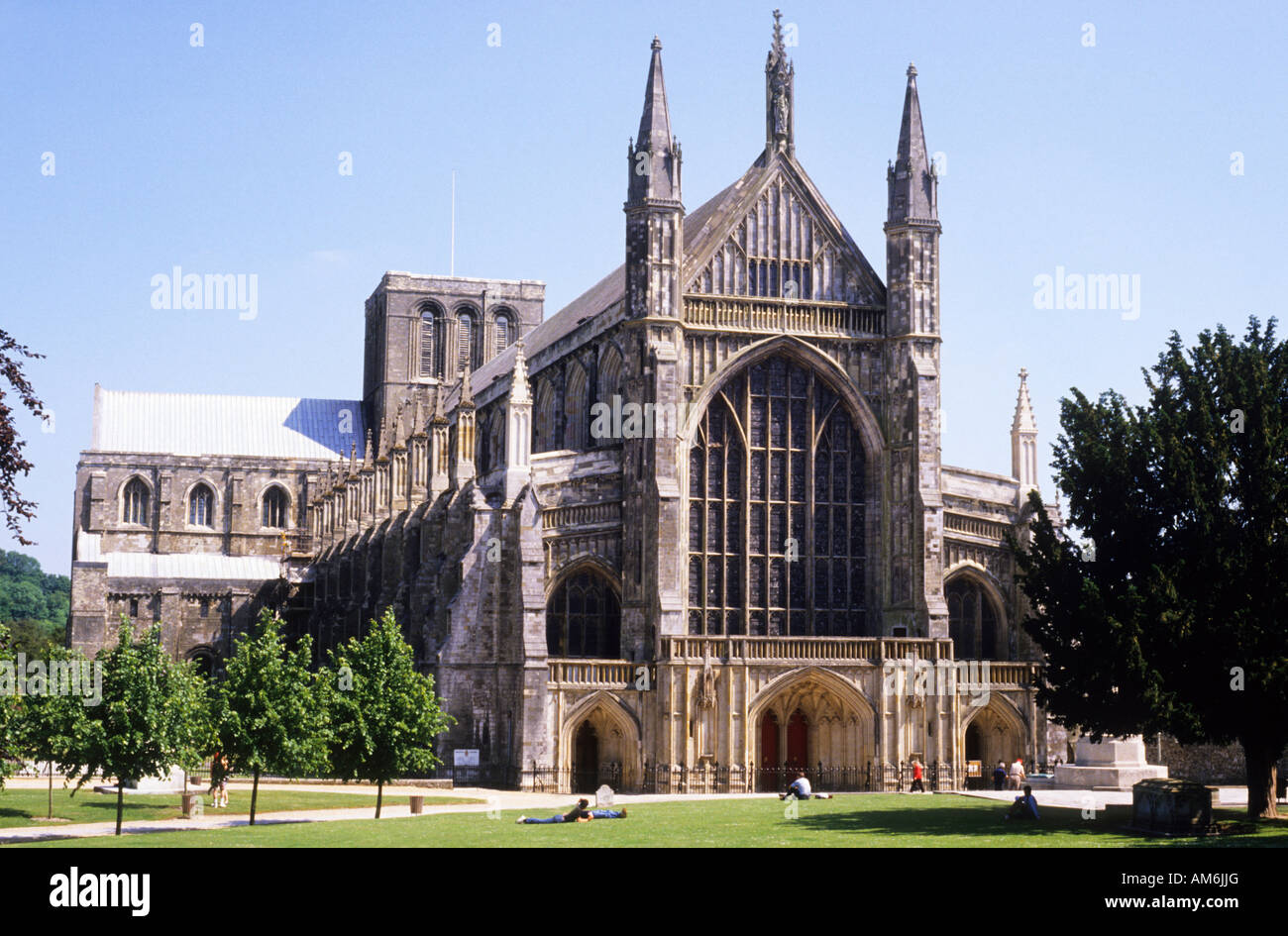 La Cattedrale di Winchester Hampshire Inghilterra architettura medievale inglese UK Viaggi turismo edificio patrimonio di storia fronte ovest Foto Stock