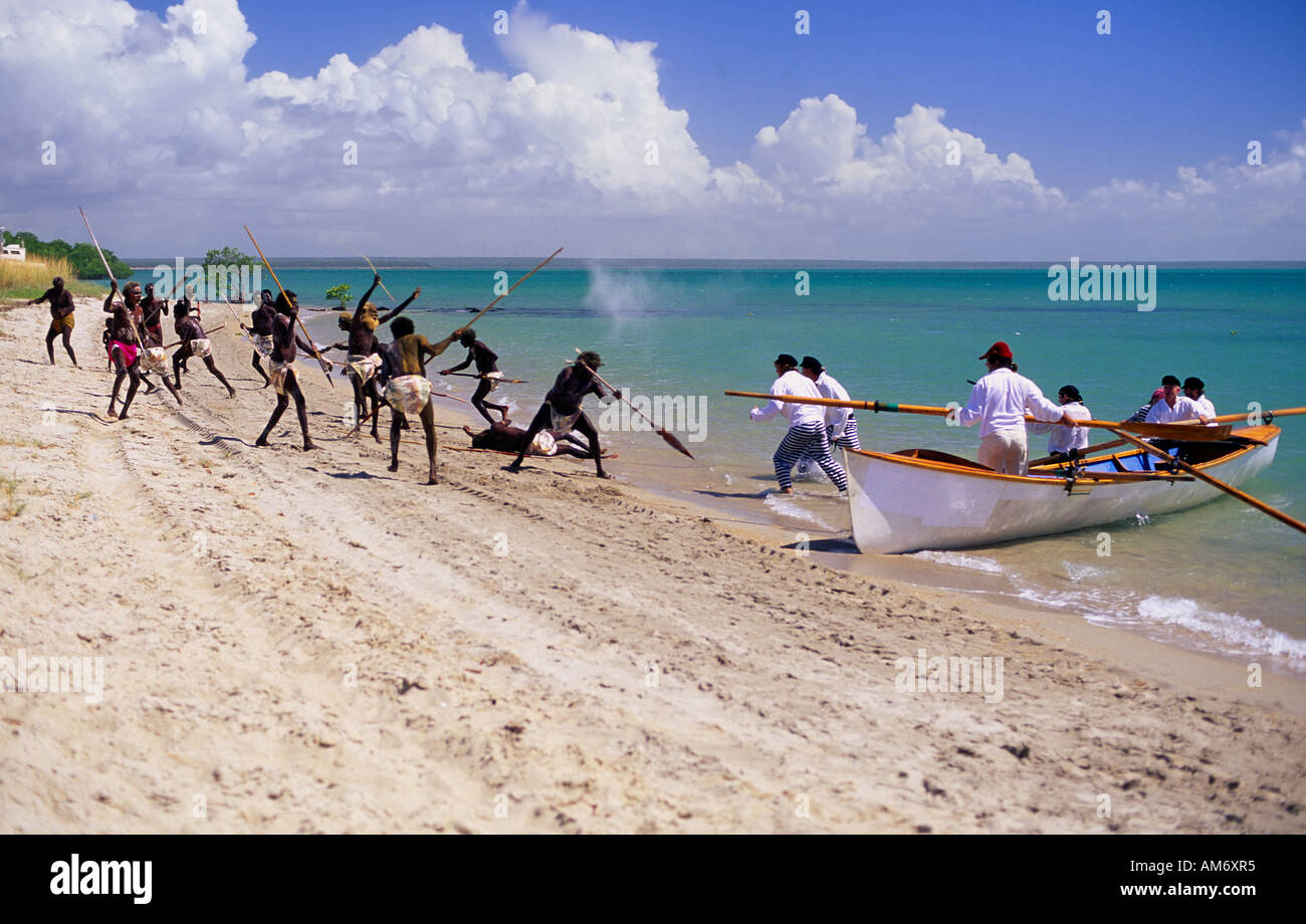 Primo contatto rievocazione storica in Australia Foto Stock