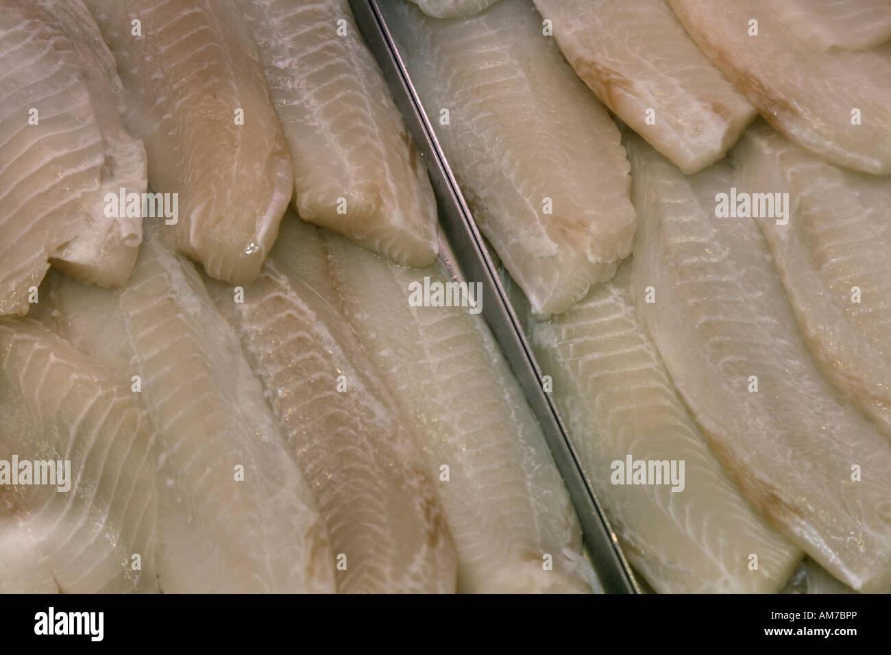 Fresco di filetti di pesce sul display Foto Stock