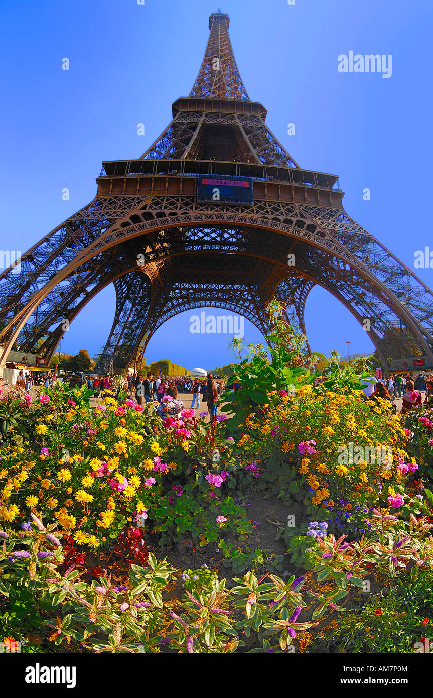 Vista della Torre Eiffel in Champ de Mars, Parigi, Francia Foto Stock