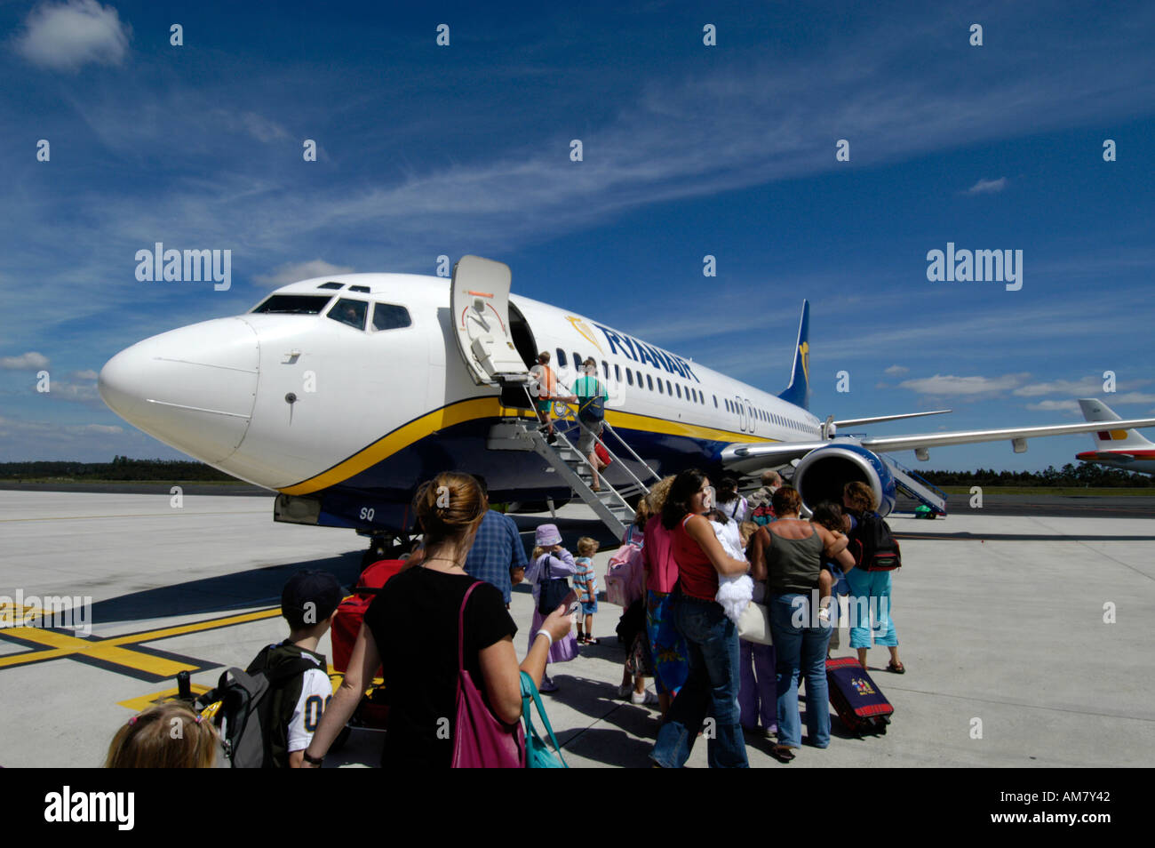 Passeggeri imbarco aereo Ryanair, Spagna Foto Stock