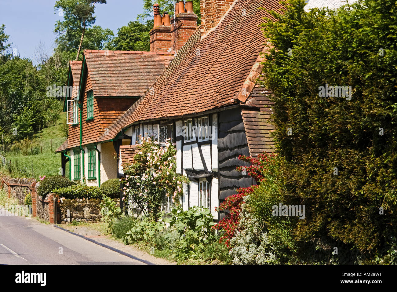 Case e case tradizionali del Surrey nel vecchio villaggio rurale di Shere, Surrey, Inghilterra, Regno Unito Foto Stock