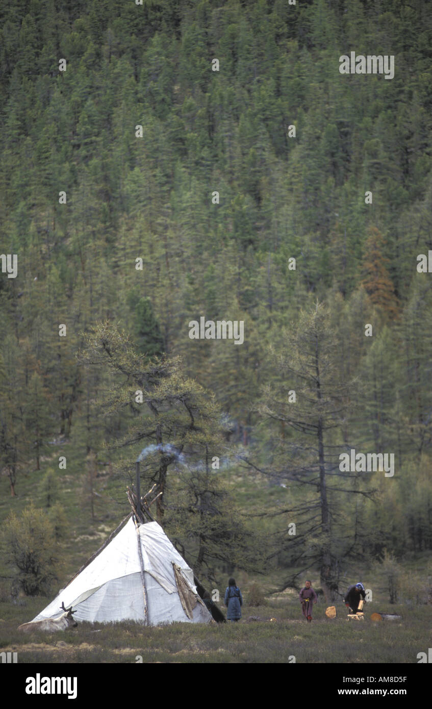 Il Dukha, Dukhans o Duhalar (: Mongola Tsaatan) sono una piccola Tuvan comunità turche di renne di pastori che vivono nel nord della Mongolia Foto Stock