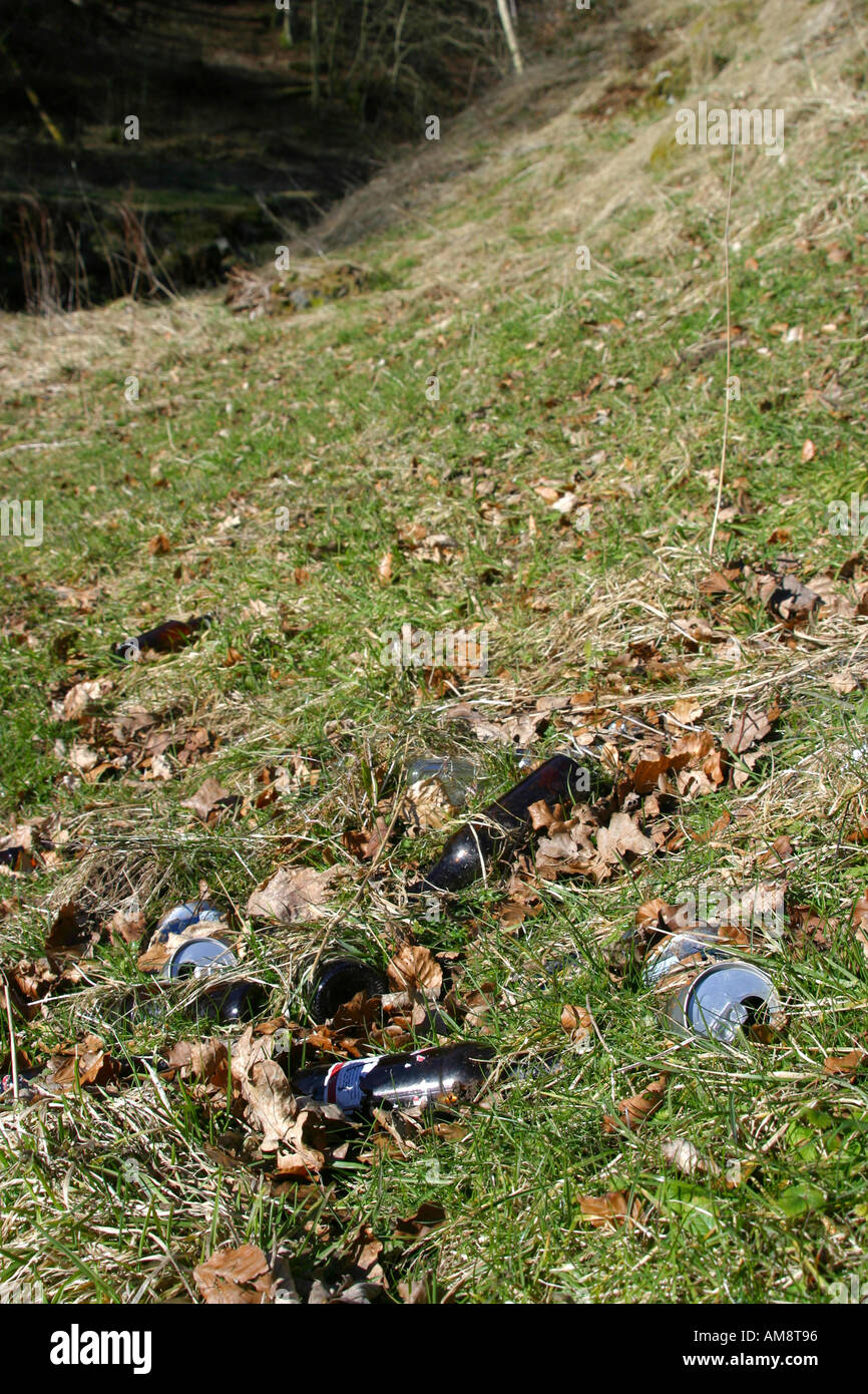 Scartato di lattine di birra e le bottiglie e lasciato in posizione paese Foto Stock
