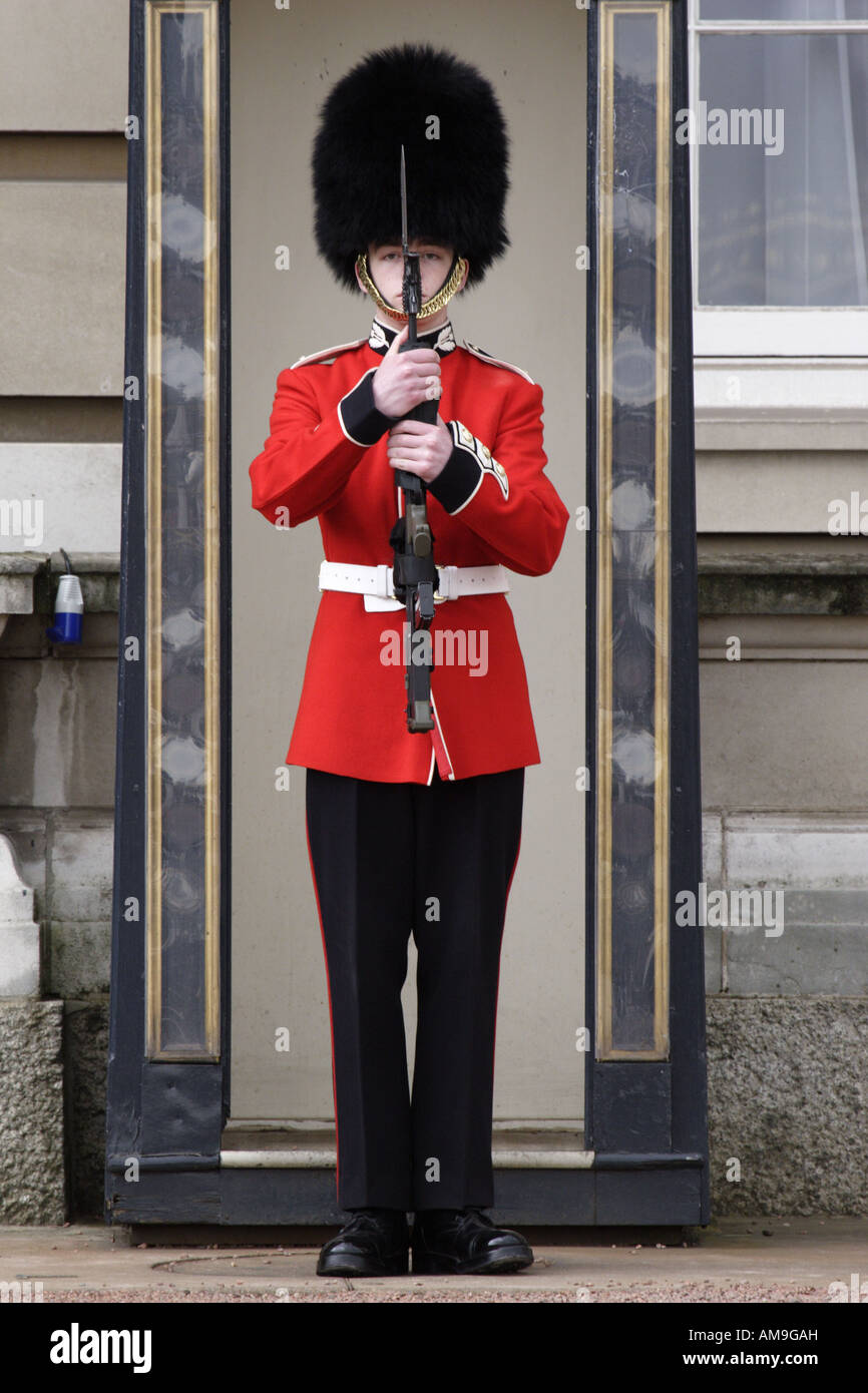 Un membro delle guardie scozzesi acronimo di guardare nel cortile di Buckingham Palace di Londra. Foto Stock