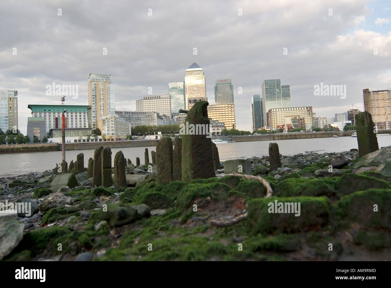 Vista sul Fiume Tamigi con la bassa marea verso Canary Wharf complesso Docklands di Londra Foto Stock