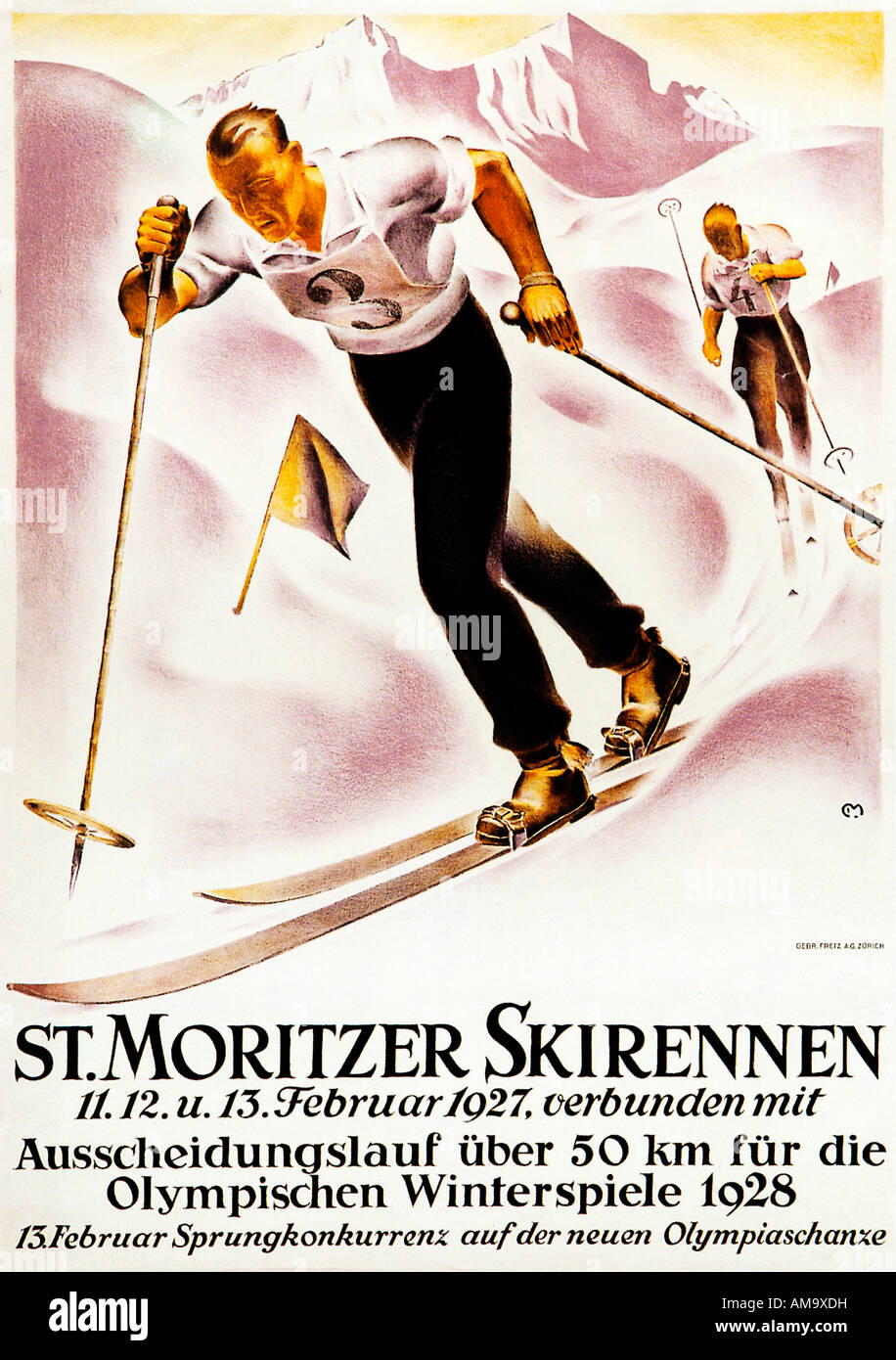 St Moritz Sci 1927 poster che illustrano lo sci di fondo in Svizzera al resort e sul nuovo corso olimpico Foto Stock