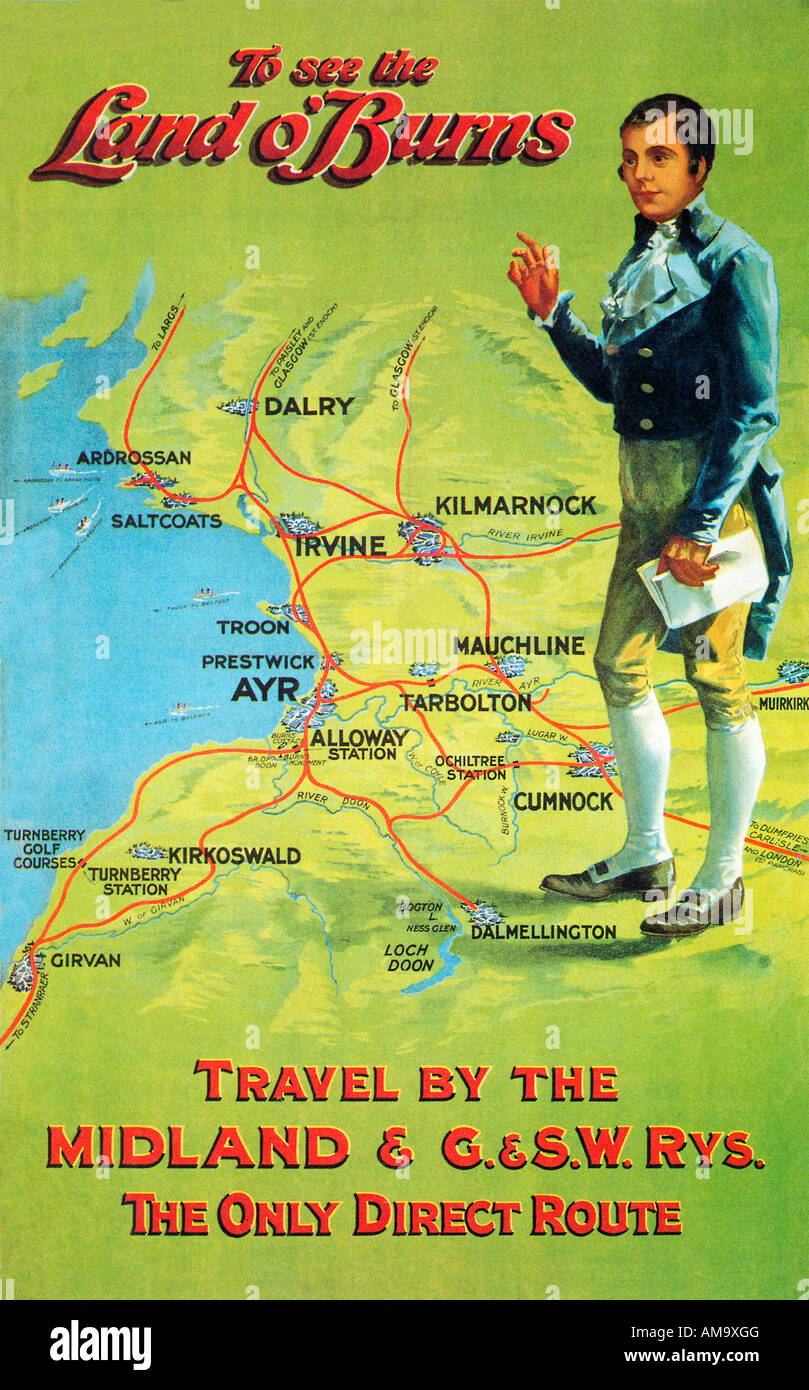 Il Land o ustioni Edwardian railway poster per il servizio a Ayrshire e il luogo di nascita del bardo Nazionale di Scozia Foto Stock