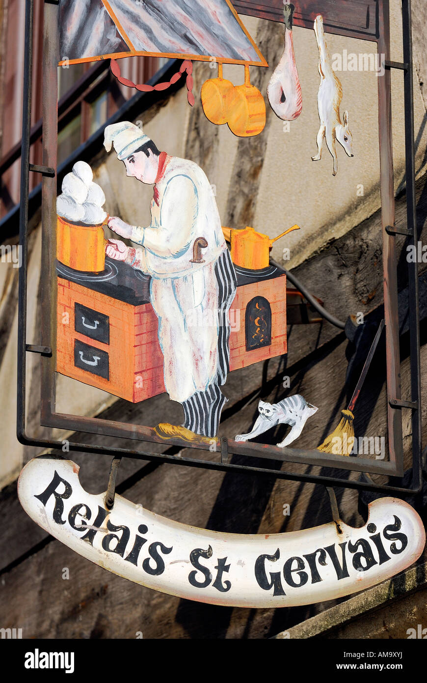 Francia, Parigi, il quartiere di Marais, Relais Saint Gervais segno sulla Rue François Miron Foto Stock