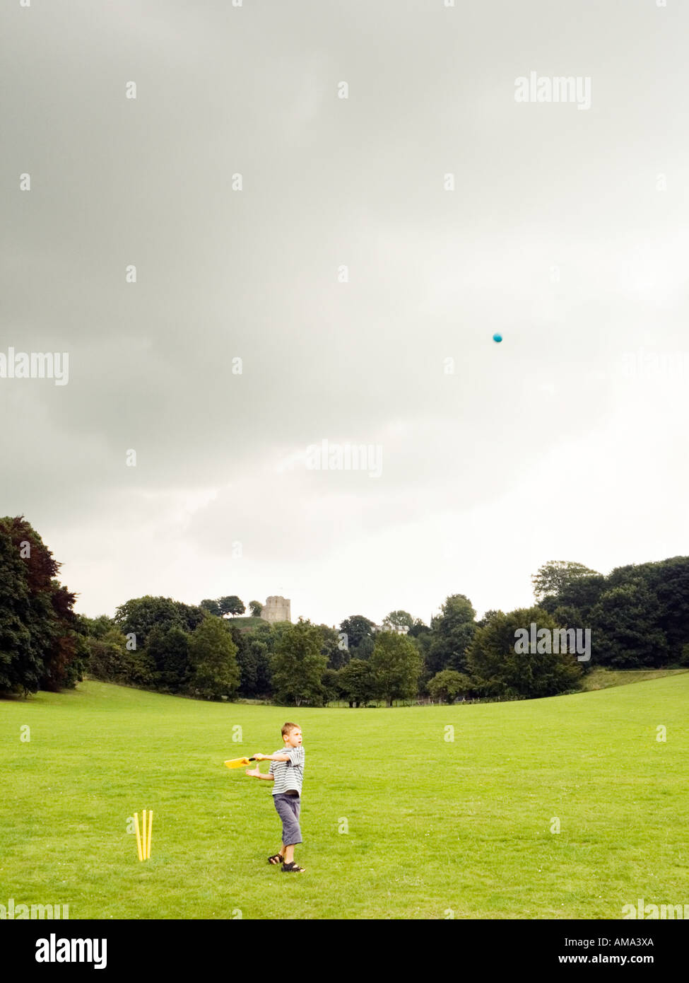 Ragazzo giocando a cricket Foto Stock