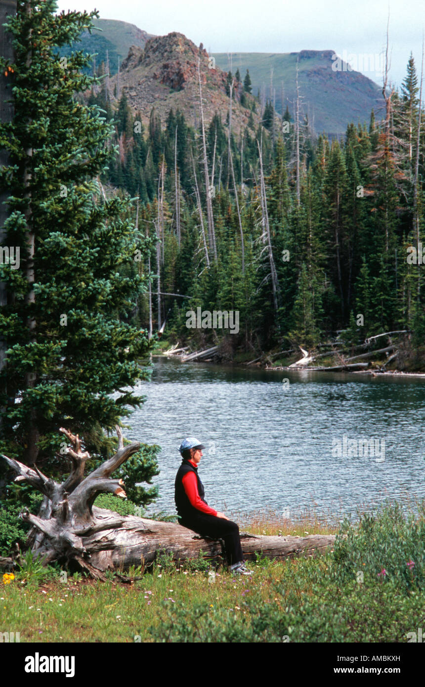 Donna meditando sulle sponde di un lago in Flattops wilderness area Colorado USA Foto Stock