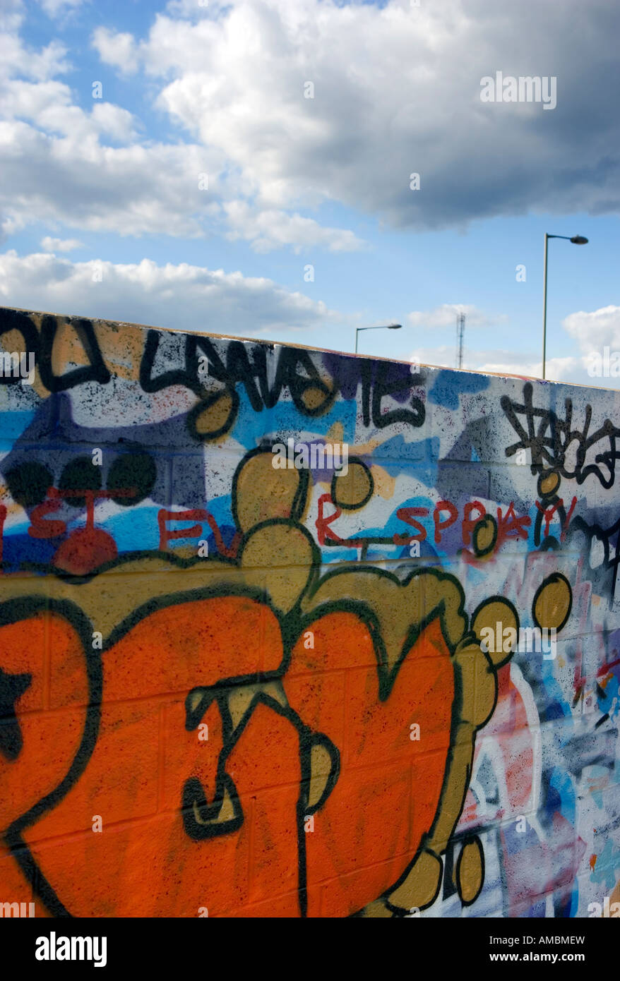 Bomboletta spray graffiti su un muro urbano Foto Stock