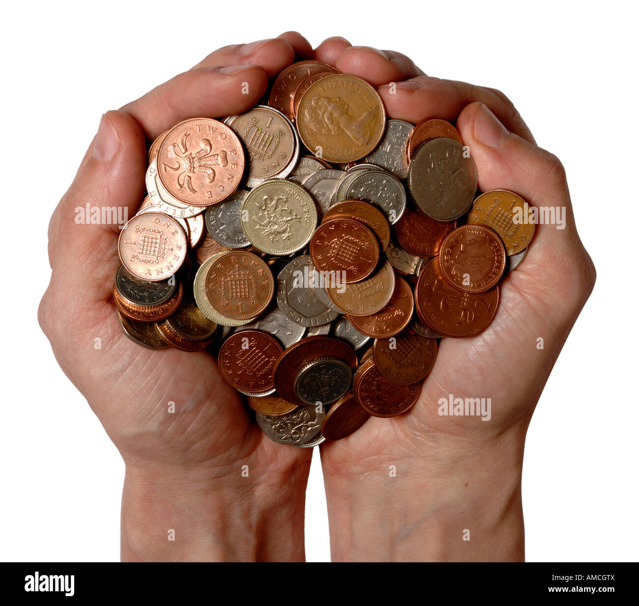 2 le mani piene di soldi Foto Stock
