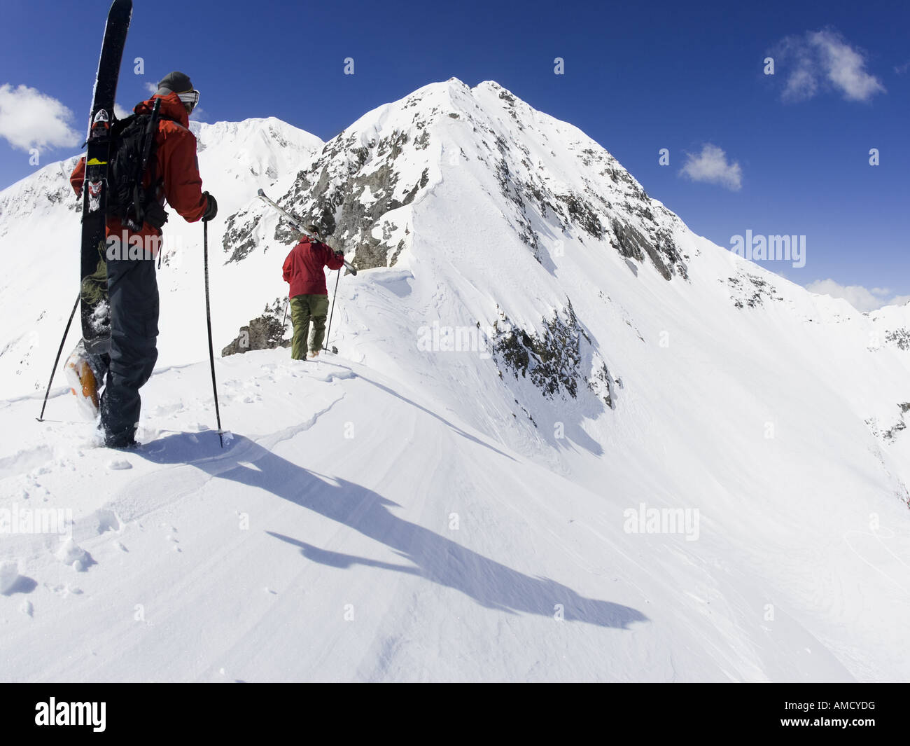 Vista posteriore di due persone con bastoncini da sci e snowboard sulla montagna innevata Foto Stock