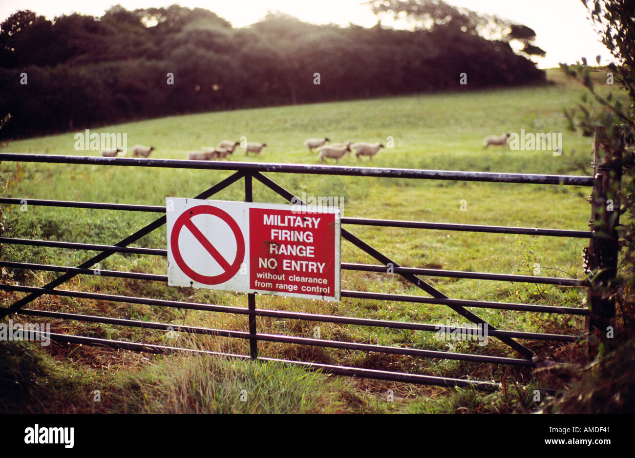Militare segno di avvertimento sul cancello in Dorset Inghilterra Foto Stock