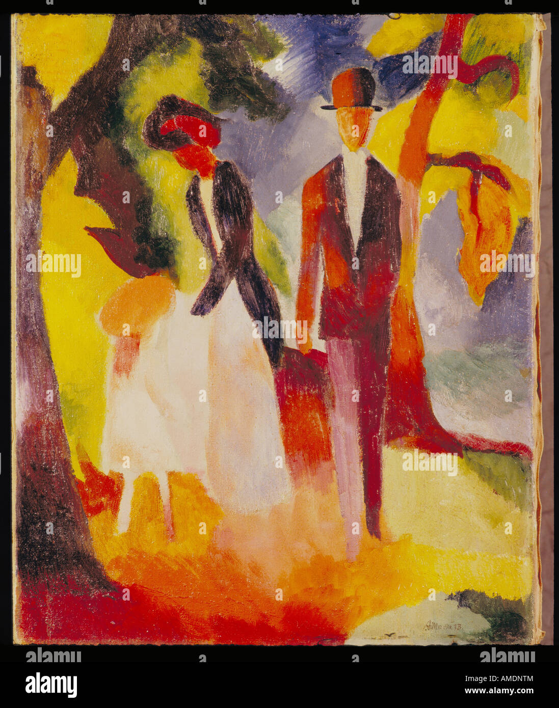 Belle arti, Macke, Agosto (3.1.1887 - 26.9.1914), pittura, 'Leute am blauen vedere', 'persone al lago blu", 1913, olio su tela, 60 cm x 48,5 cm, Galleria di Stato, Karlsruhe, Germania, artista del diritto d'autore non deve essere cancellata Foto Stock