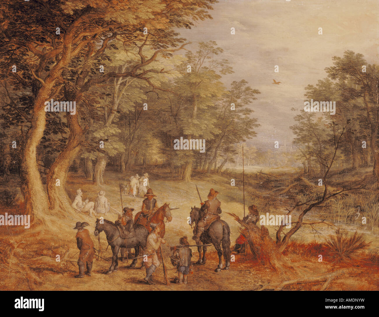 Belle arti, Brueghel, Jan il sambuco, (1568 - 13.1.1625), pittura, "guardie in una radura del bosco", 1607, legno di quercia, 32,8 cm x 42 cm, il museo di stato, Kassel, Germania, artista del diritto d'autore non deve essere cancellata Foto Stock