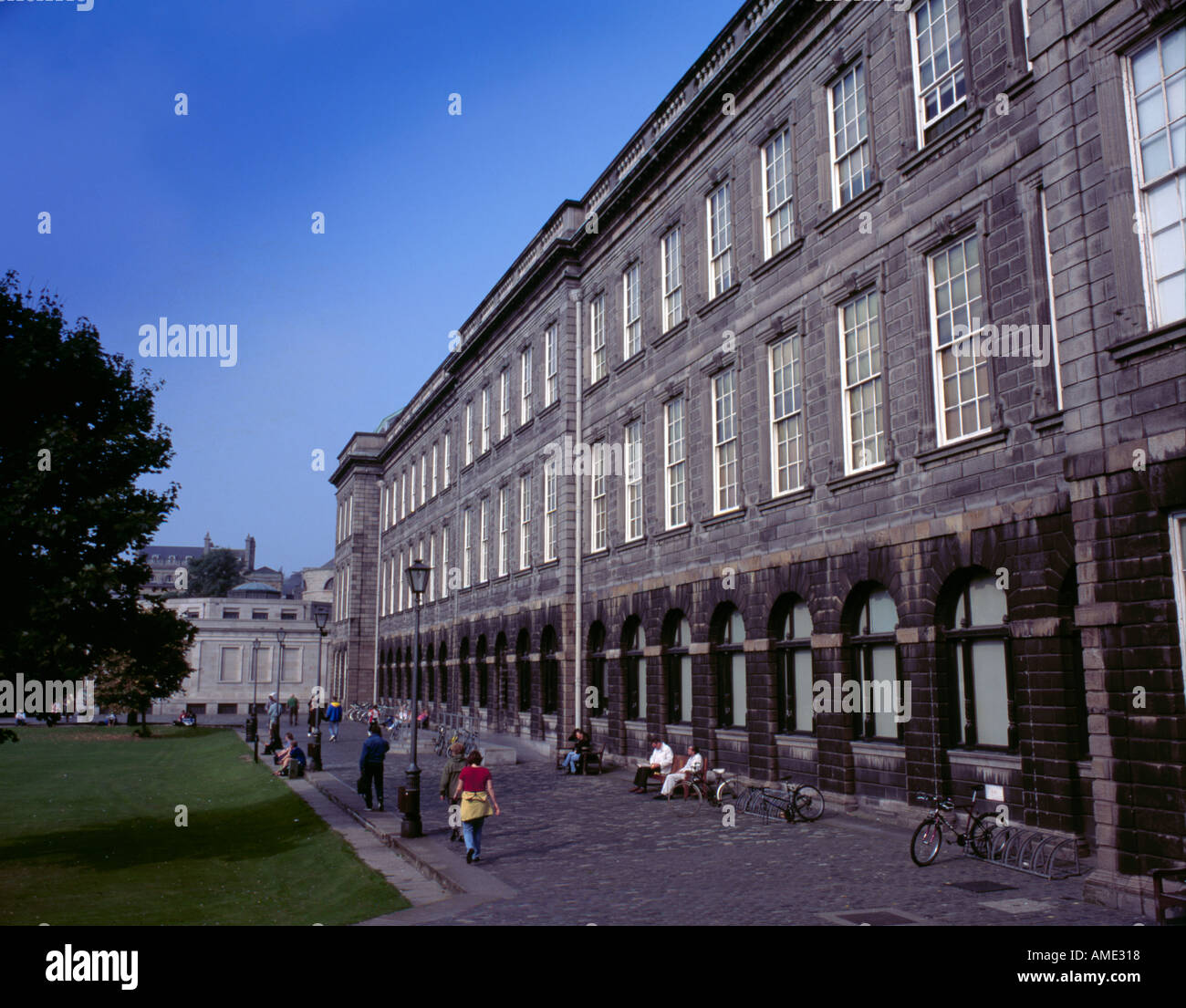 Il vecchio edificio della biblioteca dal compagno di piazza del Trinity College di Dublino, Eire (Irlanda). Foto Stock