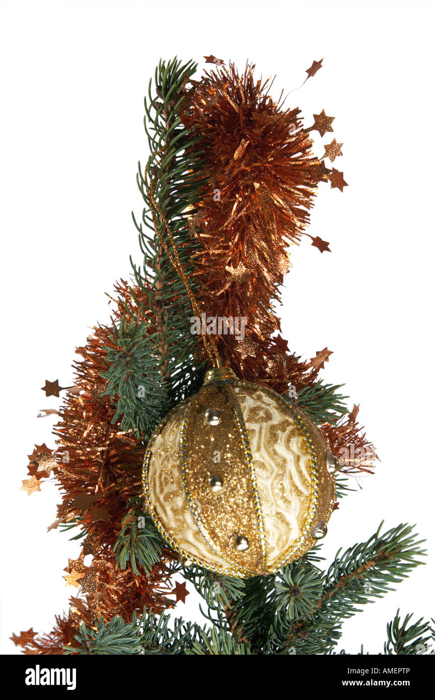 Albero di natale ramo con i complementi isolato su bianco Foto Stock