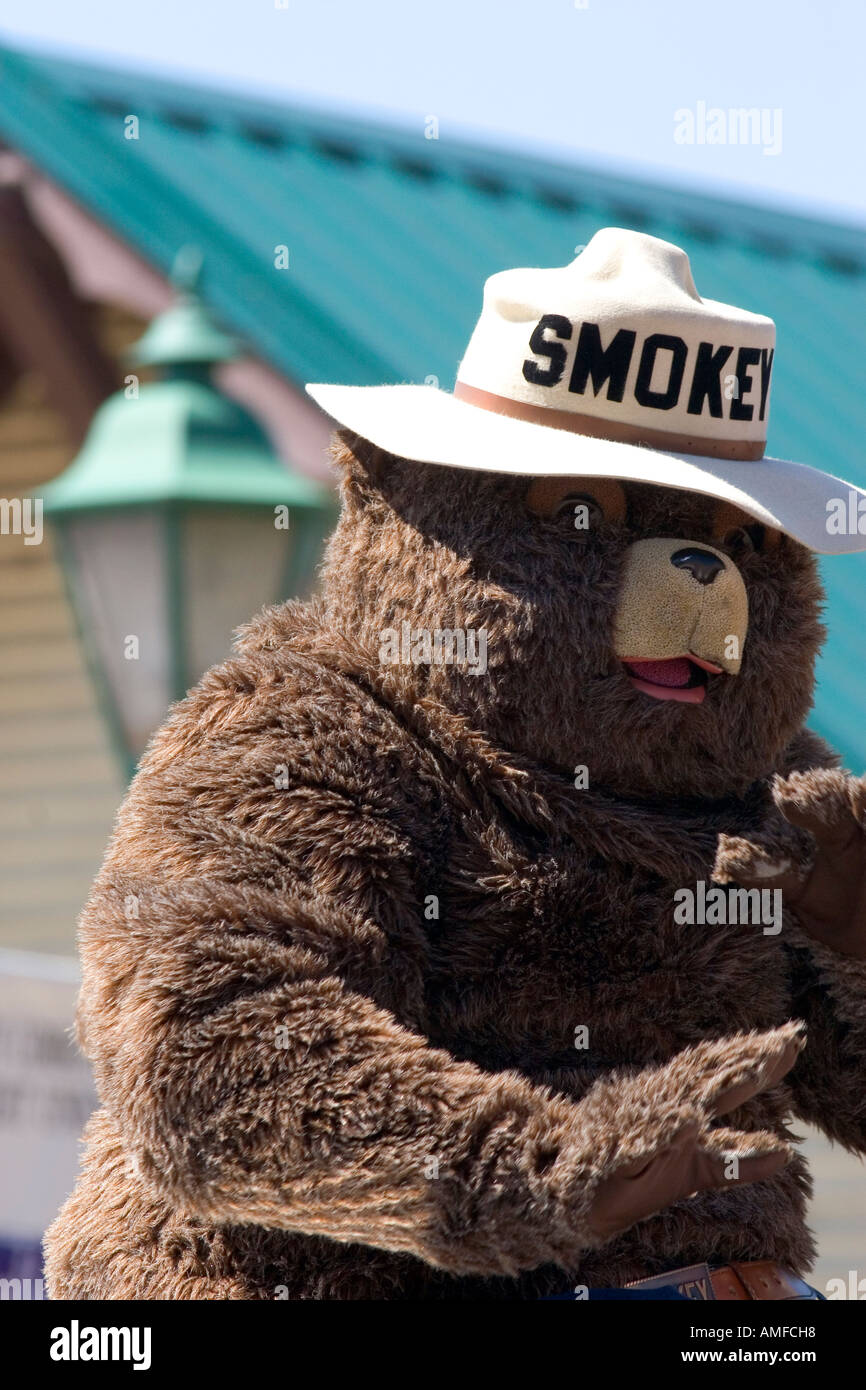 Smokey l'Orso in una piccola cittadina a quarto di luglio sfilata in cascata, Idaho. Foto Stock