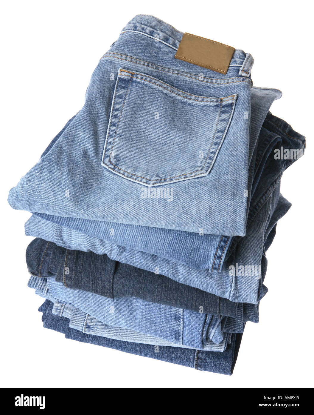 Pila di jeans blu Foto Stock