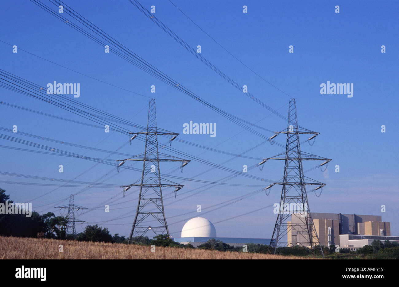 Tralicci e cavi di alimentazione Sizewell centrale nucleare Suffolk in Inghilterra Foto Stock