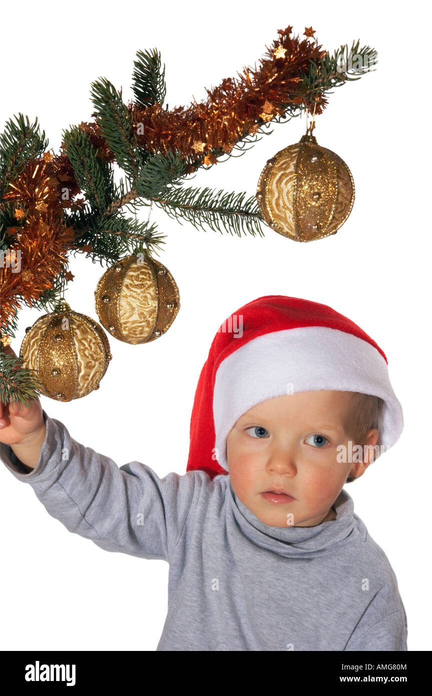Piccolo Ragazzo giocoso sotto l albero di Natale ramo isolato su bianco Foto Stock