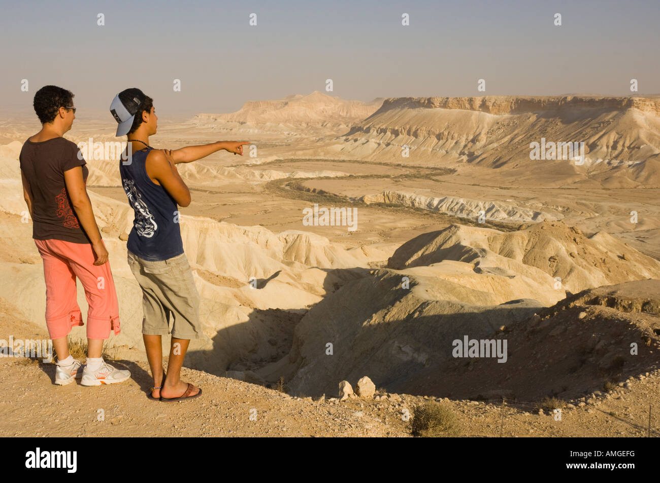 Medio Oriente Israele nel deserto del Negev wadi zin sde boqer ben gurion panorama paesaggistico viaggio turismo scoperta sabbia cliff guardando mo Foto Stock