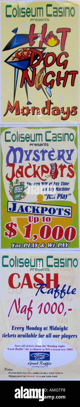 Colosseo Casino promozioni offerta di poster hot dogs contanti raffles Mystery Jackpot olandese di Philipsburg Sint Maarten Foto Stock