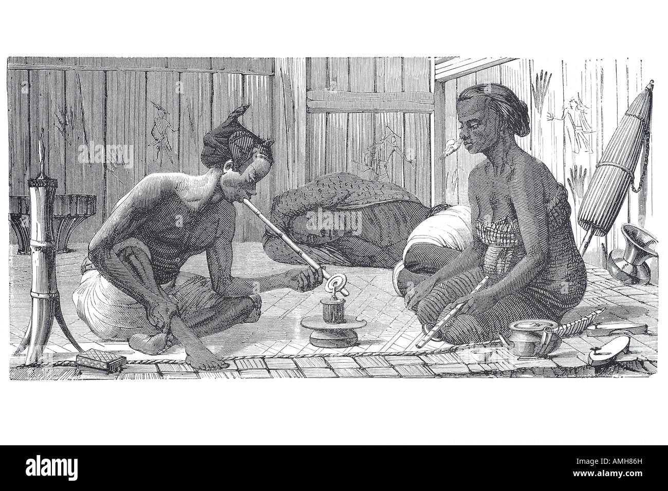 Malay fumatore di oppio Melayu gruppo etnico Austronesiana penisola popolazioni di Sumatra e Borneo Indonesia Filippine narcotici o morfina Foto Stock